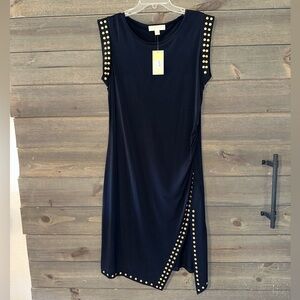 NWT MICHAEL KORS Elegant Navy Dress with Gold Accents. Size XL.